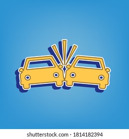 Crashed Cars sign. Golden Icon with White Contour at light blue Background. Illustration.