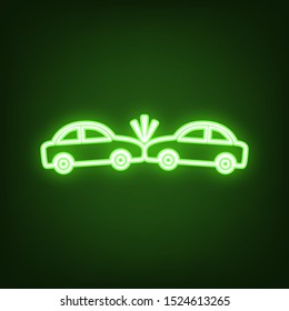 Crashed Cars sign. Green neon icon in the dark. Blurred lightening. Illustration.