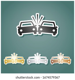 Crashed Cars sign. Set of metallic Icons with gray, gold, silver and bronze gradient with white contour and shadow at viridan background. Illustration.