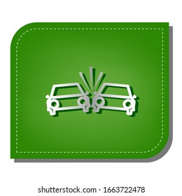 Crashed Cars sign. Silver gradient line icon with dark green shadow at ecological patched green leaf. Illustration.