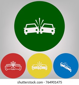 Crashed Cars sign. Vector. 4 white styles of icon at 4 colored circles on light gray background.