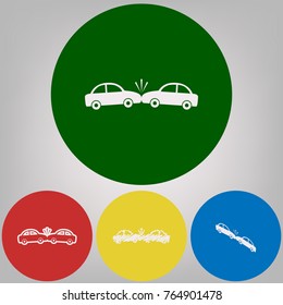 Crashed Cars sign. Vector. 4 white styles of icon at 4 colored circles on light gray background.