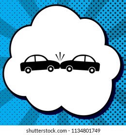 Crashed Cars sign. Vector. Black icon in bubble on blue pop-art background with rays.