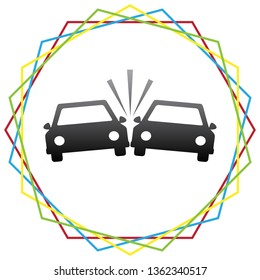 Crashed Cars sign. Vector. Black icon with patch of light inside colorful hexagonal frames at white background.