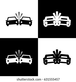 Crashed Cars sign. Vector. Black and white icons and line icon on chess board.