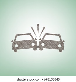 Crashed Cars sign. Vector. Brown flax icon on green background with light spot at the center.