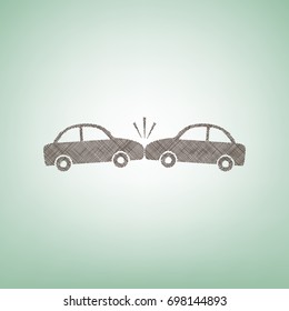Crashed Cars sign. Vector. Brown flax icon on green background with light spot at the center.