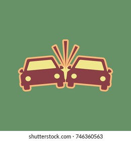 Crashed Cars sign. Vector. Cordovan icon and mellow apricot halo with light khaki filled space at russian green background.