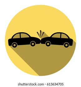 Crashed Cars sign. Vector. Flat black icon with flat shadow on royal yellow circle with white background. Isolated.