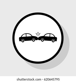 Crashed Cars sign. Vector. Flat black icon in white circle with shadow at gray background.