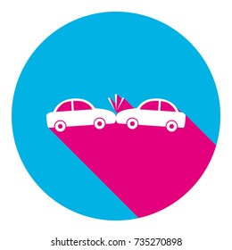 Crashed Cars sign. Vector. Flat white icon with mexican pink shadow inside sky blue(S and G) circle at white background. Isolated. Trend colors in 2017.