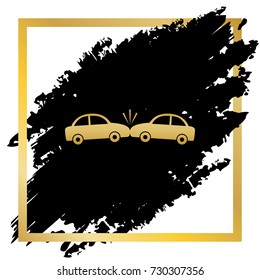 Crashed Cars sign. Vector. Golden icon at black spot inside golden frame on white background.