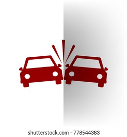 Crashed Cars sign. Vector.  icon on white bending paper background.