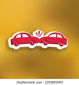 Crashed Cars sign. Vector. Magenta icon with darker shadow, white sticker and black popart shadow on golden background.