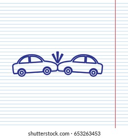 Crashed Cars sign. Vector. Navy line icon on notebook paper as background with red line for field.