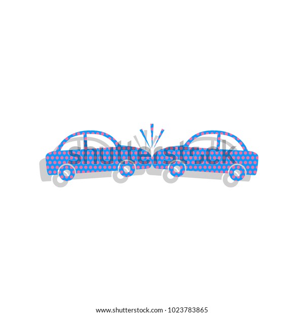 Crashed Cars sign. Vector. Neon blue icon with\
cyclamen polka dots pattern with light gray shadow on white\
background. Isolated.