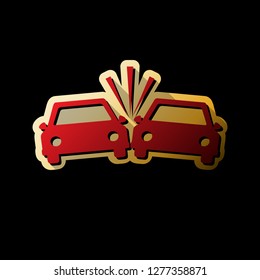 Crashed Cars sign. Vector. Red icon with small black and limitless shadows at golden sticker on black background.