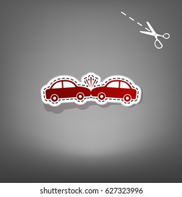 Crashed Cars sign. Vector. Red icon with for applique from paper with shadow on gray background with scissors.