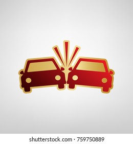 Crashed Cars sign. Vector. Red icon on gold sticker at light gray background.