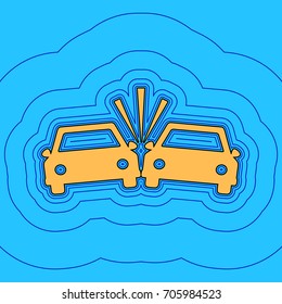 Crashed Cars sign. Vector. Sand color icon with black contour and equidistant blue contours like field at sky blue background. Like waves on map - island in ocean or sea.