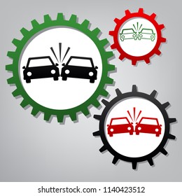 Crashed Cars sign. Vector. Three connected gears with icons at grayish background.