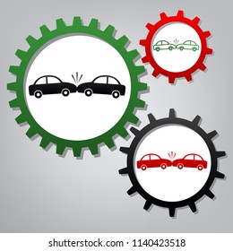 Crashed Cars sign. Vector. Three connected gears with icons at grayish background.