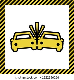 Crashed Cars sign. Vector. Warm yellow icon with black contour in frame named as under construction at white background. Isolated.