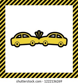 Crashed Cars sign. Vector. Warm yellow icon with black contour in frame named as under construction at white background. Isolated.