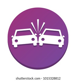 Crashed Cars sign. Vector. White icon with flat shadow on purpureus circle at white background. Isolated.