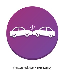 Crashed Cars sign. Vector. White icon with flat shadow on purpureus circle at white background. Isolated.