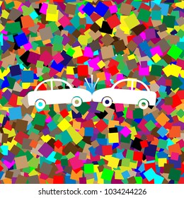 Crashed Cars sign. Vector. White icon on colorful background with seamless pattern from squares.