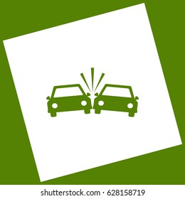 Crashed Cars sign. Vector. White icon obtained as a result of subtraction rotated square and path. Avocado background.