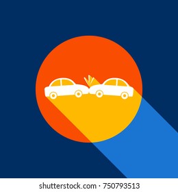 Crashed Cars sign. Vector. White icon on tangelo circle with infinite shadow of light at cool black background. Selective yellow and bright navy blue are produced.