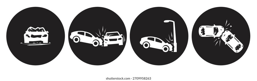 carros batidos vetor carro ícones de acidente definir branco em um preto