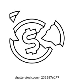 crashed coin line icon vector. crashed coin sign. isolated contour symbol black illustration