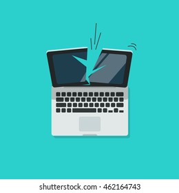 Crashed laptop vector illustration isolated on blue color background, broken computer flat cartoon design