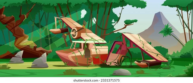 Crashed plane in the jungle. Plane crash, broken fuselage of a hydroplane in a tropical forest. Rainforest, lawn, highlands with a peak, lost world. Discovery, adventure, cartoon vector illustration.