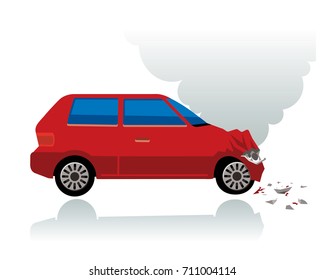 Crashed Red Car With Smoke Coming From Bonnet