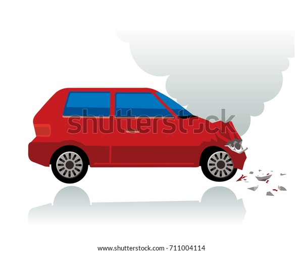 crashed red car\
with smoke coming from\
bonnet