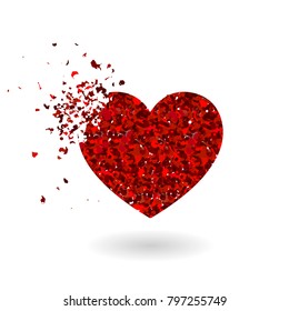 Crashed red glitter heart silhouette isolated on white background. Sharp glowing particles. Symbol of love. Vector illustration. Heart with red glitter. Valentine's Day Romantic background