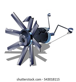 Crashed satellite isolated on a white background. Cartoon vector close-up illustration.
