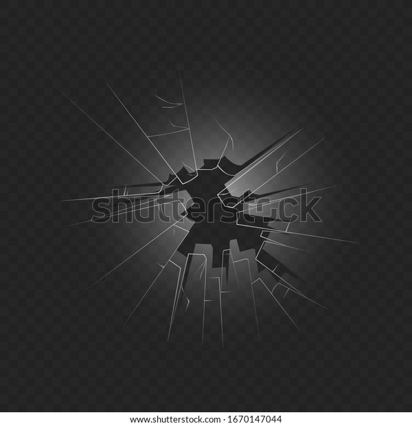 Crashed windows glass 3d\
photo realistic vector illustration on dark transparent background.\
Broken glass cracked texture effect and through hole with sharp\
edge.