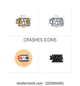 Crashes icons set. Computer breakdown. Settings. System crushs. Error. Exclamation pointer. Warnings concept.Collection of icons in linear, filled, color styles.Isolated vector illustrations