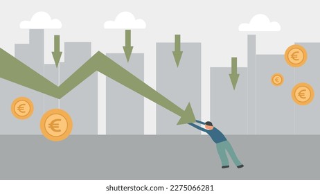 Crashing Euro or European Business and a man trying to prevent it. Representation of Difficult Economic times or Recession.