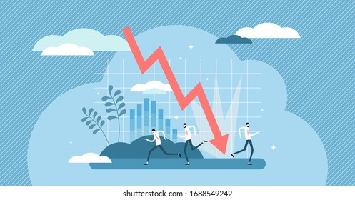 Crashing graphic vector illustration. Bankruptcy flat tiny persons concept. Covid-19 coronavirus pandemic caused economical crisis and stock money collapse. Abstract businessman panic in economy fail.