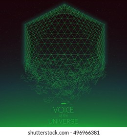 Crashing space object. Abstract vector background with tiny stars. Glow of sun from the bottom. Abstract space geometry. Sparkles of alien stars on the backdrop. Disintegration of cyber object.   