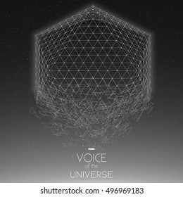 Crashing space object. Abstract vector background with tiny stars. Glow of sun from the bottom. Abstract space geometry. Sparkles of alien stars on the backdrop. Disintegration of cyber object.   