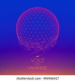 Crashing space sphere. Abstract vector background with tiny stars. Glow of sun from the bottom. Abstract space geometry. Sparkles of alien stars on the backdrop. Disintegration of cyber sphere.   