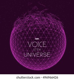 Crashing space sphere. Abstract vector background with tiny stars. Glow of sun from the bottom. Abstract space geometry. Sparkles of alien stars on the backdrop. Disintegration of cyber sphere.   