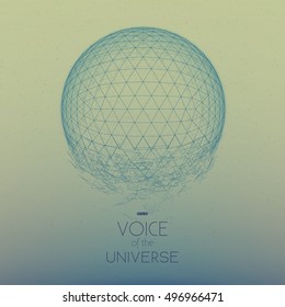 Crashing space sphere. Abstract vector background with tiny stars. Glow of sun from the bottom. Abstract space geometry. Sparkles of alien stars on the backdrop. Disintegration of cyber sphere.   